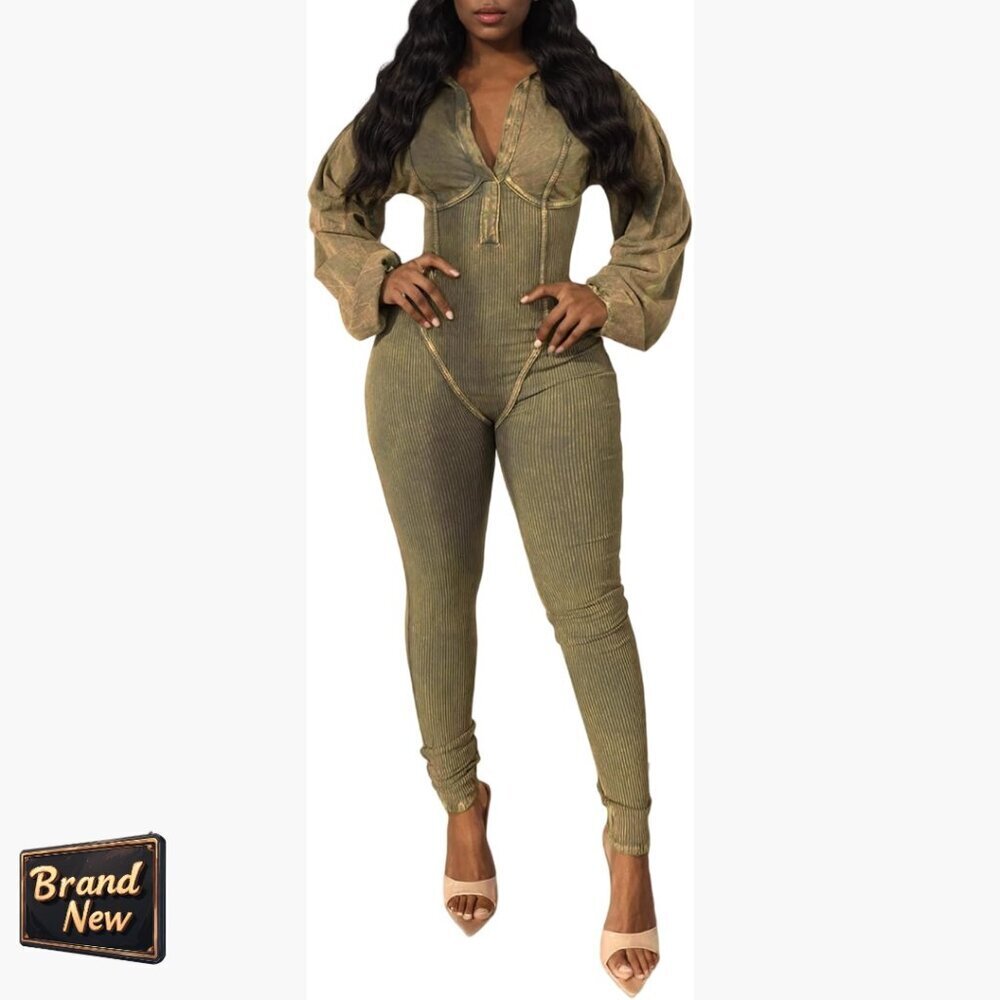 Long Sleeve V Neck Jumpsuit with Pockets, Lantern Pants, Elastic Waist